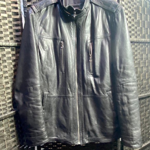 BOSS Mens Black 100% Lamb Leather Moto Jacket - Picture 1 of 14